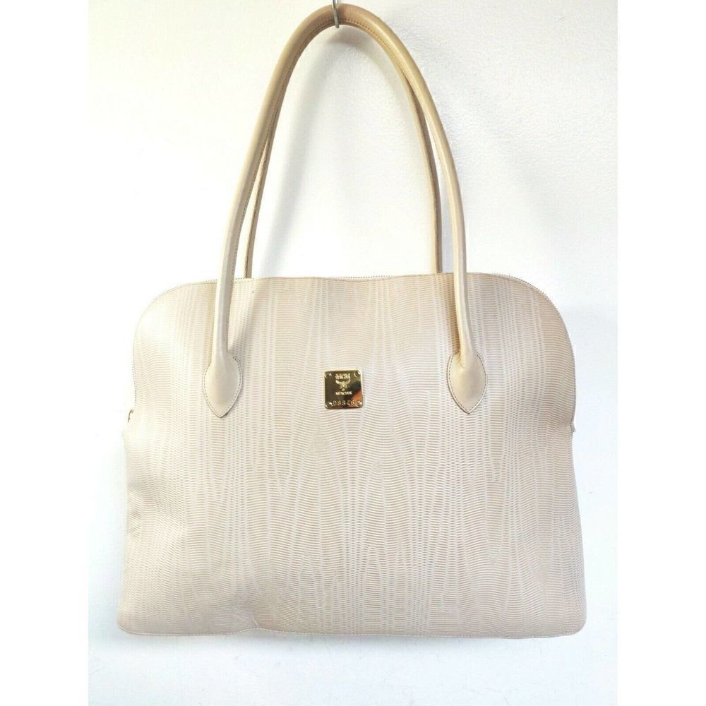 Xl Mcm Munchen D8848 Textured Ivory Genuine Leather Tote Shoulder Bag Handbag